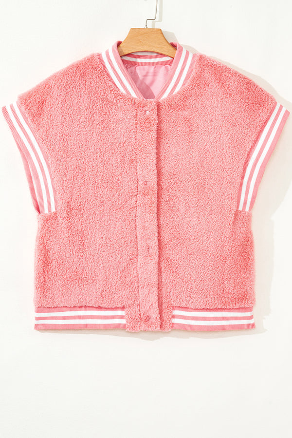 Pink Varsity Striped Banding Patchwork Winter Plush Vest