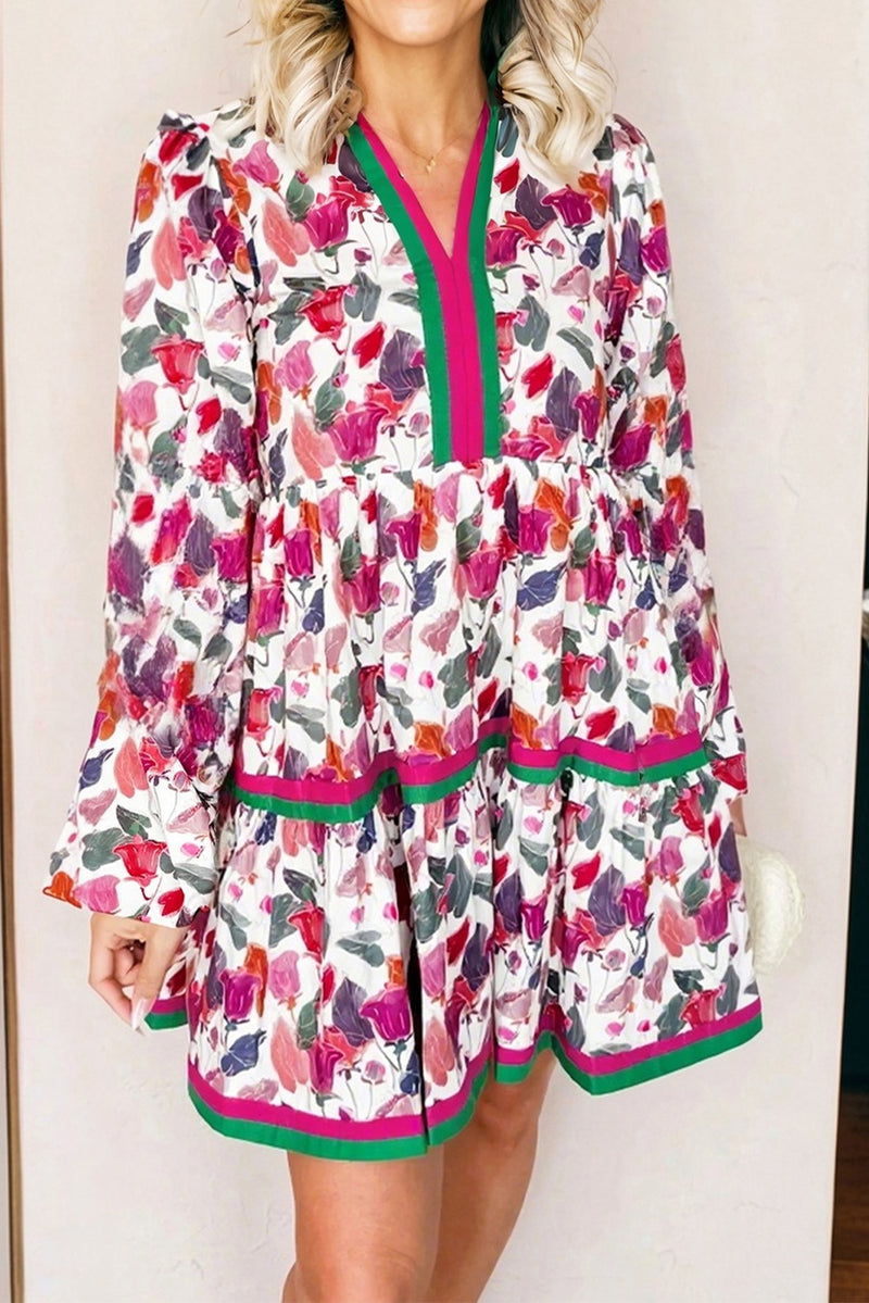 Floral Print Contrast Striped Detail Long Sleeve Mini Dress