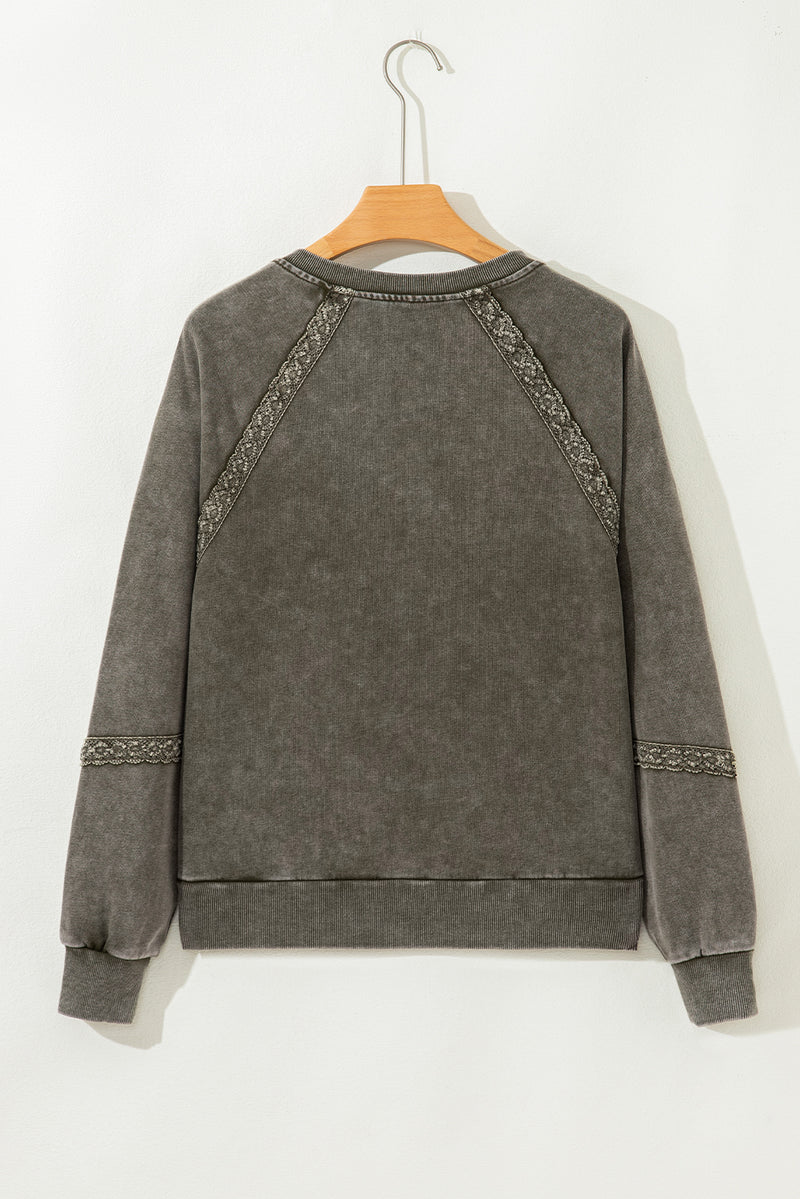 Lace Patchwork Detail Notched Neck Mineral Wash Baggy Sweatshirt