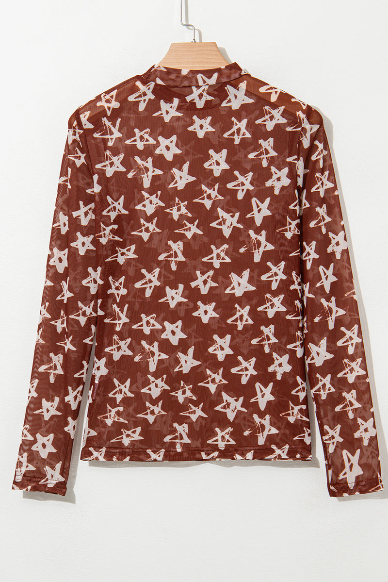 Red Mesh Star Print Mock Neck Sheath Long Sleeve Top