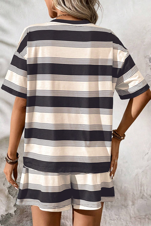 Stripe Short Sleeve T Shirt and High Waist Pocketed Shorts Set