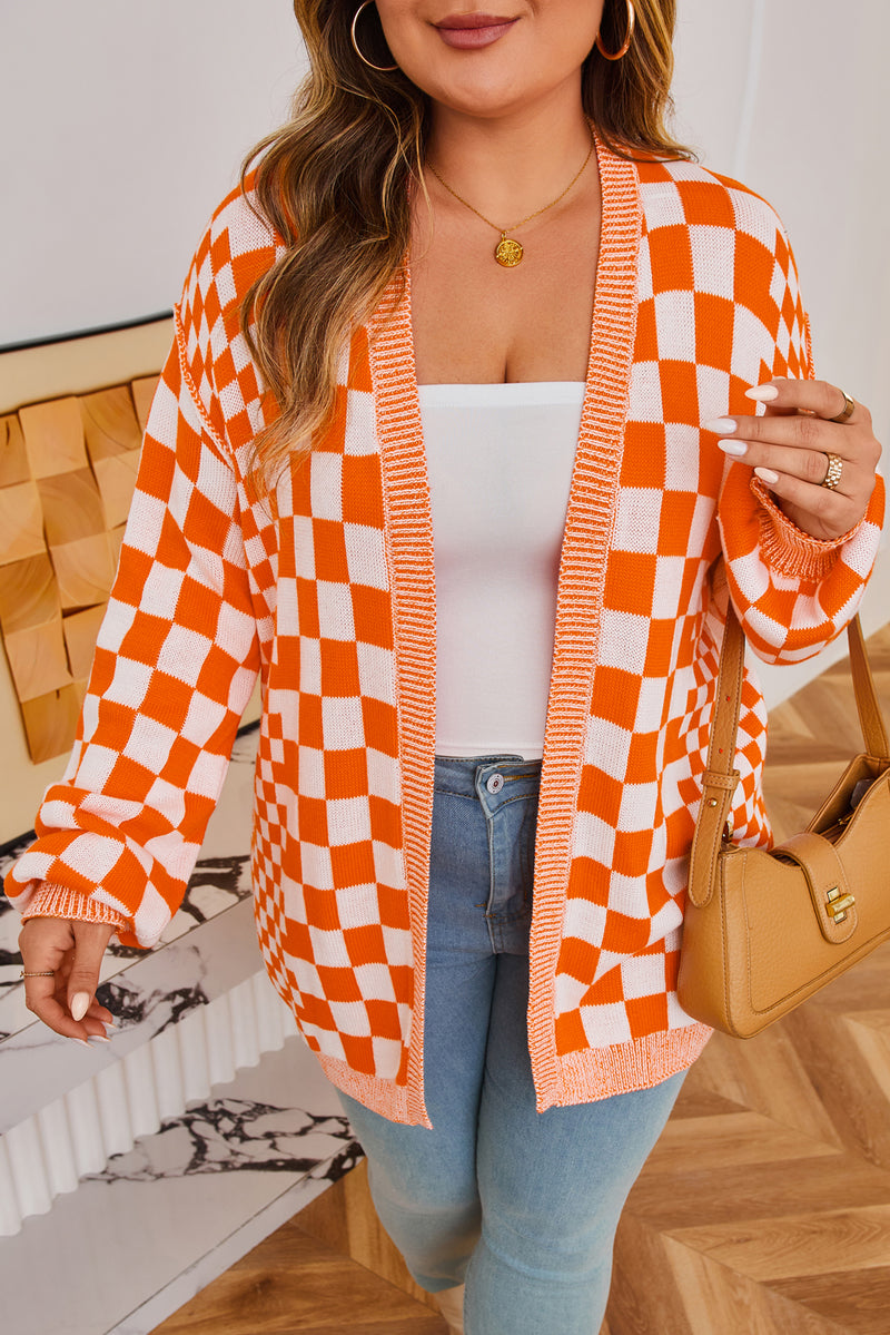 Checkered Bubble Sleeve Drop Shoulder Open Cardigan