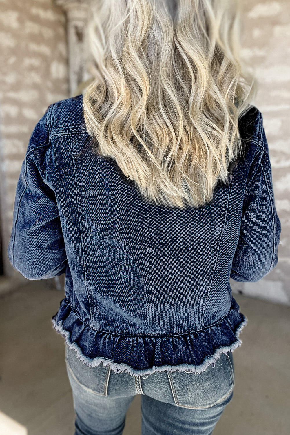 Trucker Beau Blue Ruffle Raw Hem Flap Pockets Denim Jacket