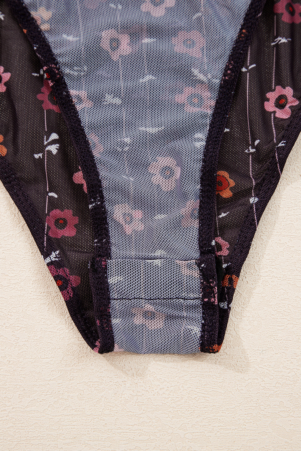 Floral Print Smocked Cuff Slim Fit Mesh Bodysuit
