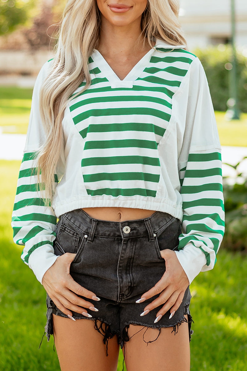 Stripe Colorblock Collared V Neck Cropped Knit Pullover