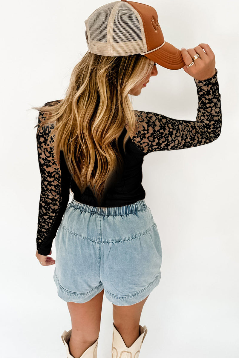 Solid Floral Lace Patchwork Long Sleeve High Neck Slim Top