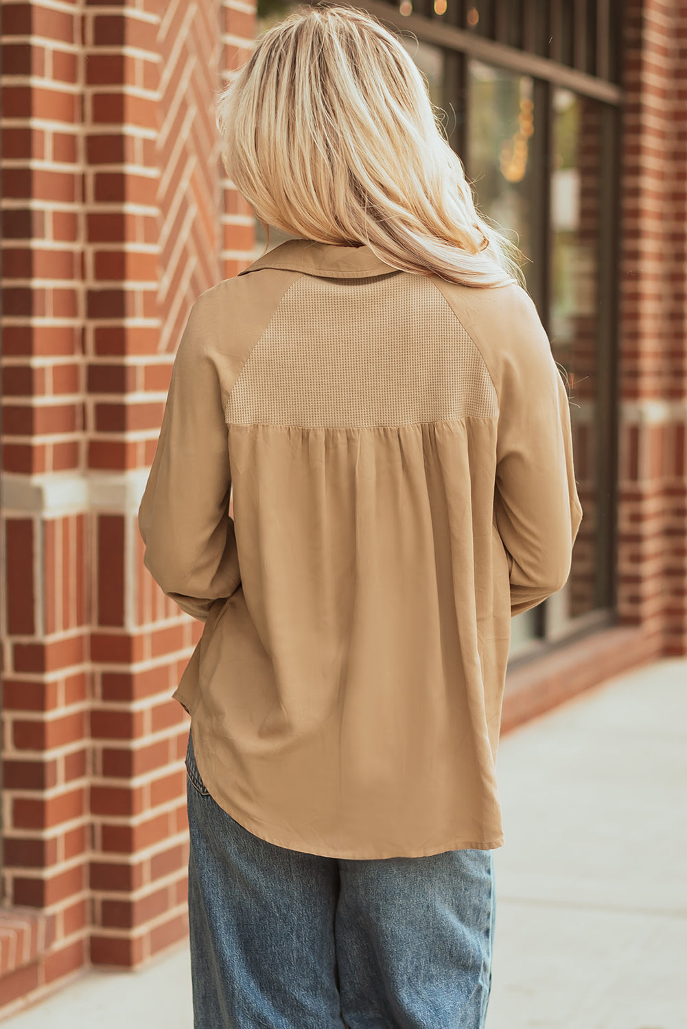 Light French Waffle Patchwork Button Up Frayed Hem Shirt