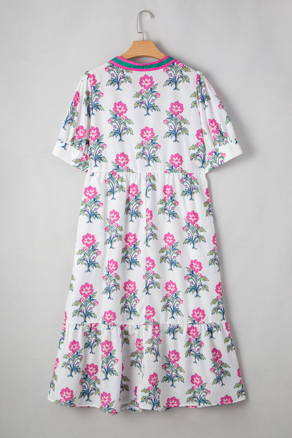 Allover Print Contrast Split Neckline Short Puff Sleeve Curvy Dress