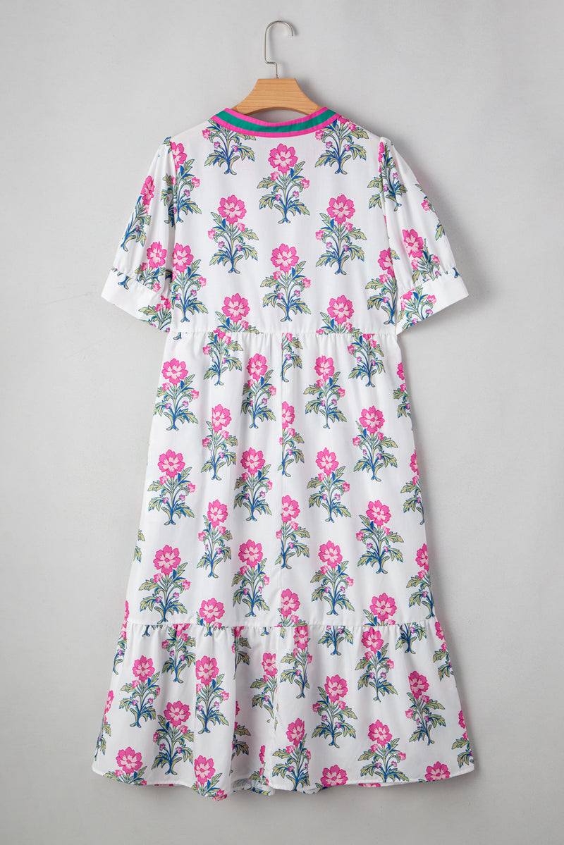 Allover Print Contrast Split Neckline Short Puff Sleeve Curvy Dress
