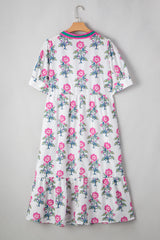 Allover Print Contrast Split Neckline Short Puff Sleeve Curvy Dress