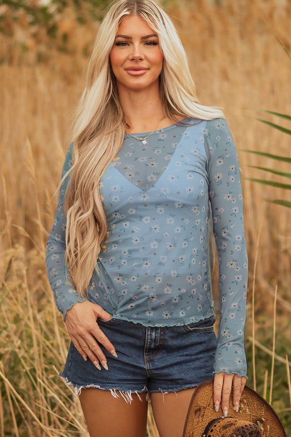 Vintage Floral Print Southern Style Mesh Long Sleeve Top