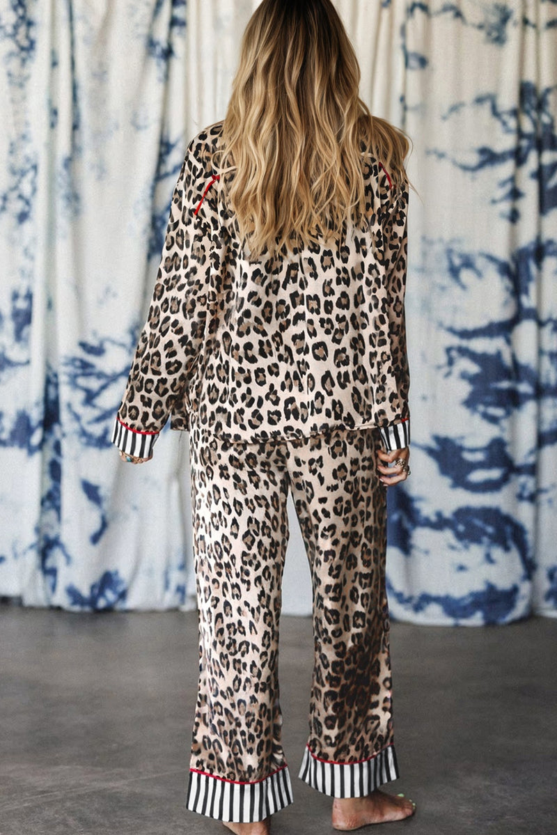 Leopard Print Colorblock Striped Edge Shirt and Pants Pajama Set