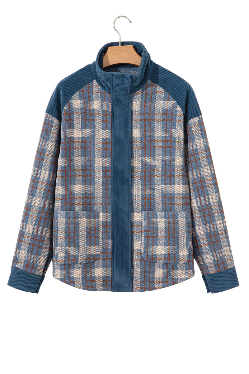 Plaid Corduroy Patchwork Collared Zip Up Snap Button Jacket