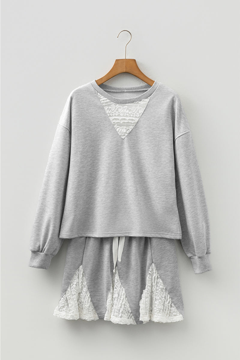 Lace Patchwork Drop Shoulder Pullover Drawstring Skort 2pcs Outfit
