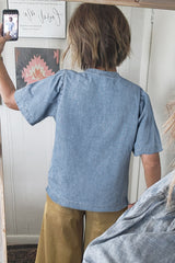 Pintuck Pleats Puff Sleeve Split V Neck Summer Denim Top