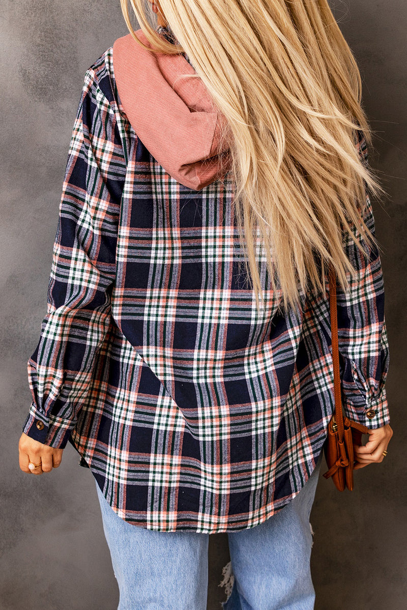Coat Contrast Hooded Drawstring Plaid Shacket