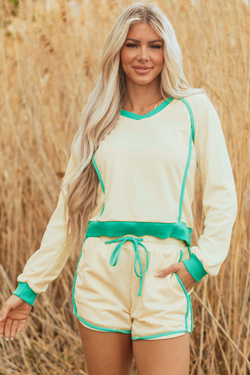 Contrast Trim Colorblock Long Sleeve Pullover and Drawstring Shorts 2pcs Outfit