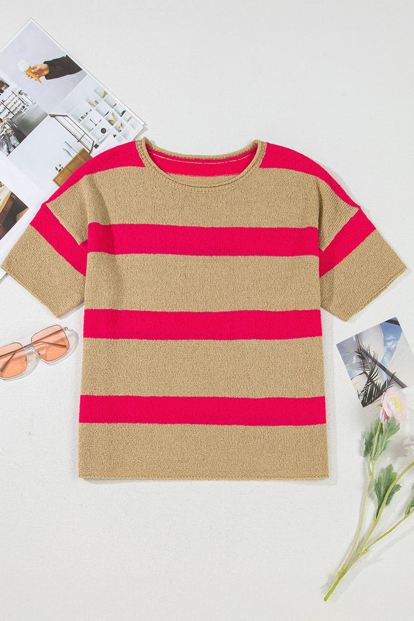 Bright Pink Stripe Colorblock Short Sleeve Crew Neck Lightweight Sweater