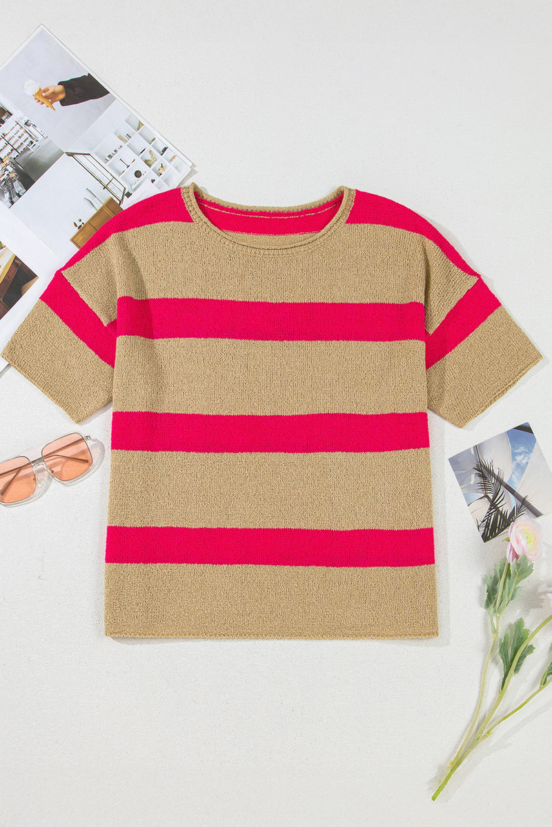 Bright Pink Stripe Colorblock Short Sleeve Crew Neck Lightweight Sweater