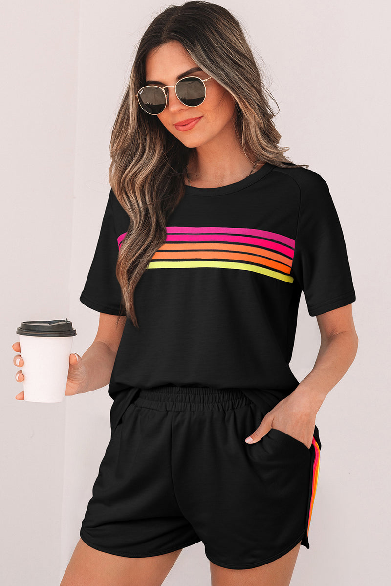 Striped T-shirt Patch Front Casual Tee