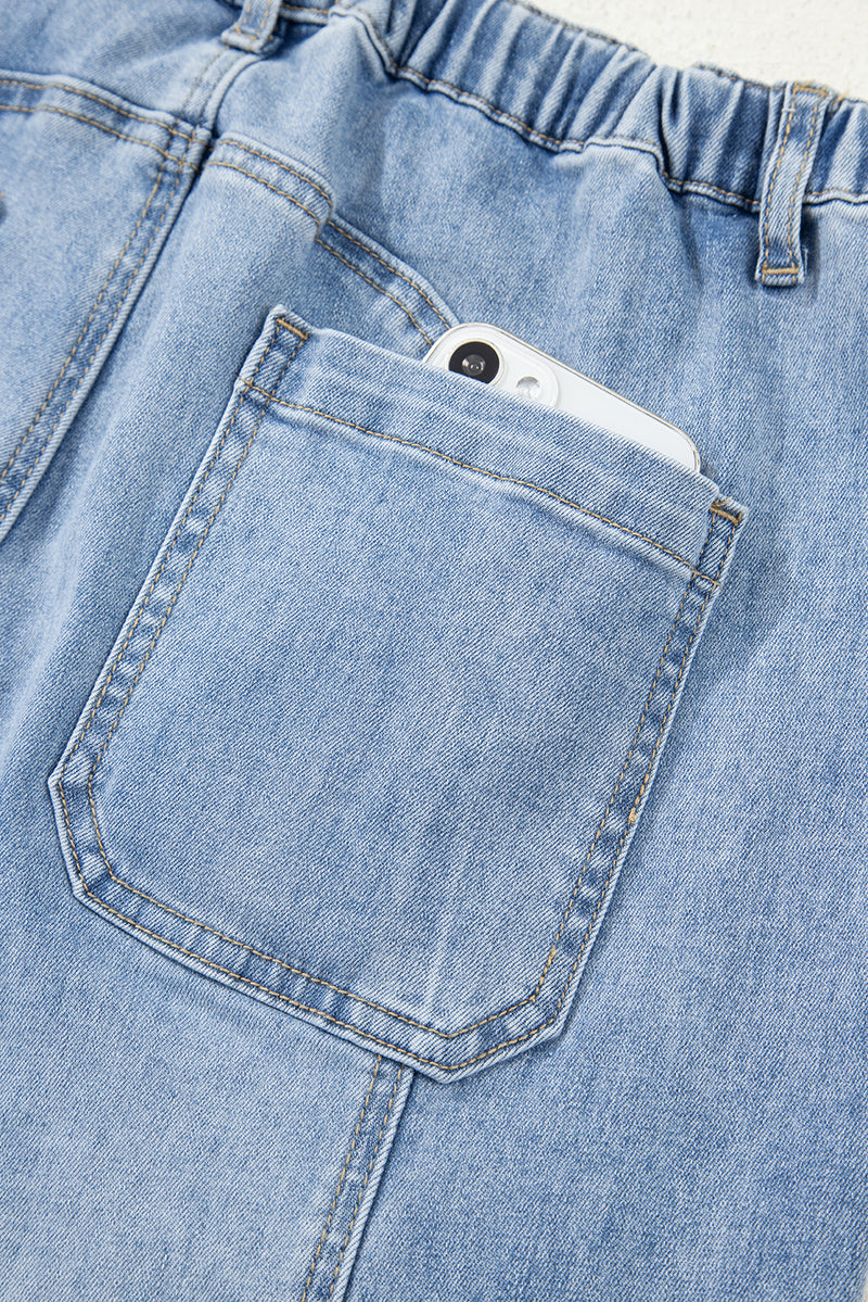 Drawstring Seam Detail Raw Hem Wide Leg Denim Pants