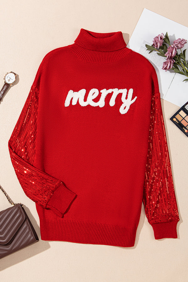 Red Merry Graphic Sequin Sleeves Christmas Turtleneck Sweater