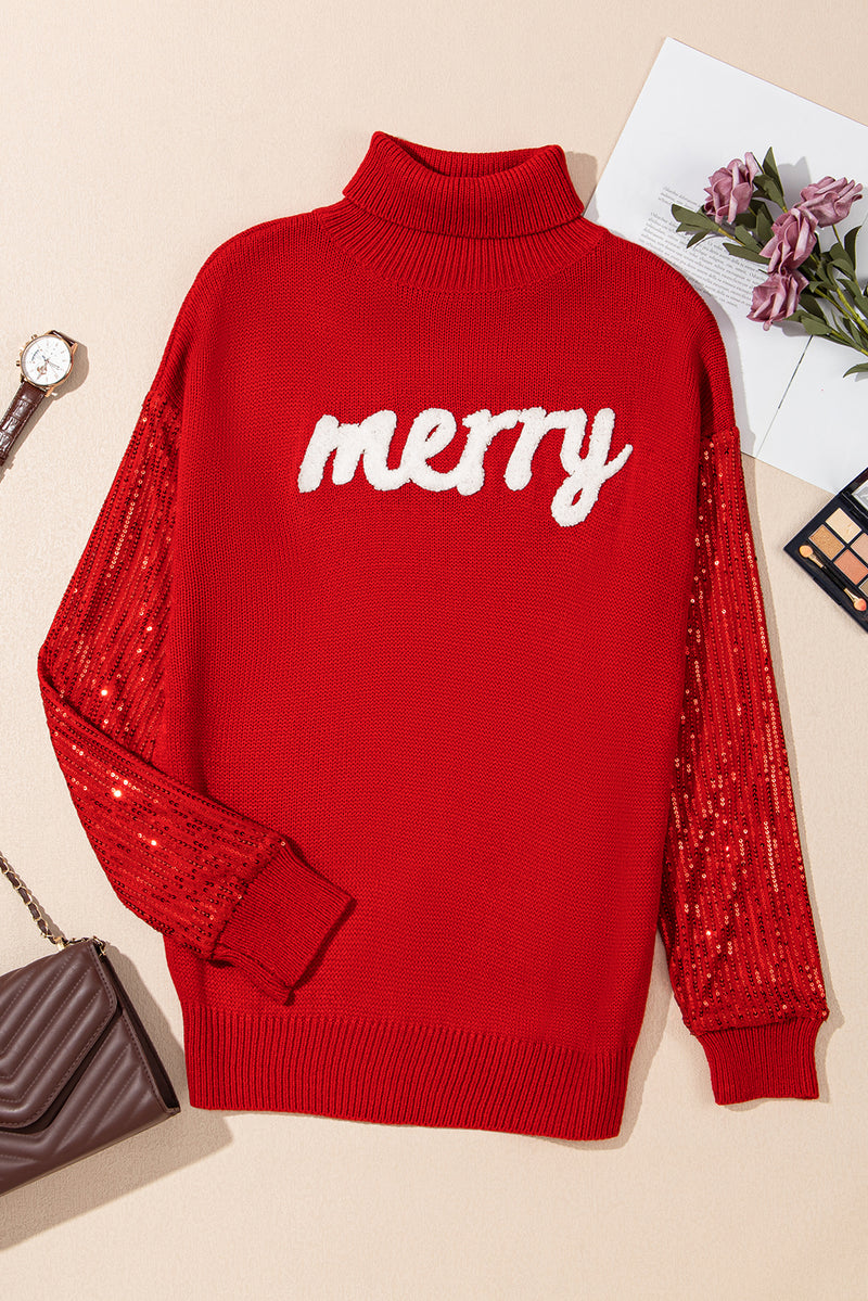 Red Merry Graphic Sequin Sleeves Christmas Turtleneck Sweater