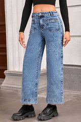 Solid Chic Patch Pocket Straight Leg Loose Jeans
