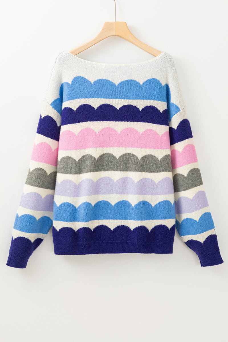 Wave Striped Balloon Sleeve Drop Shoulder Sweater