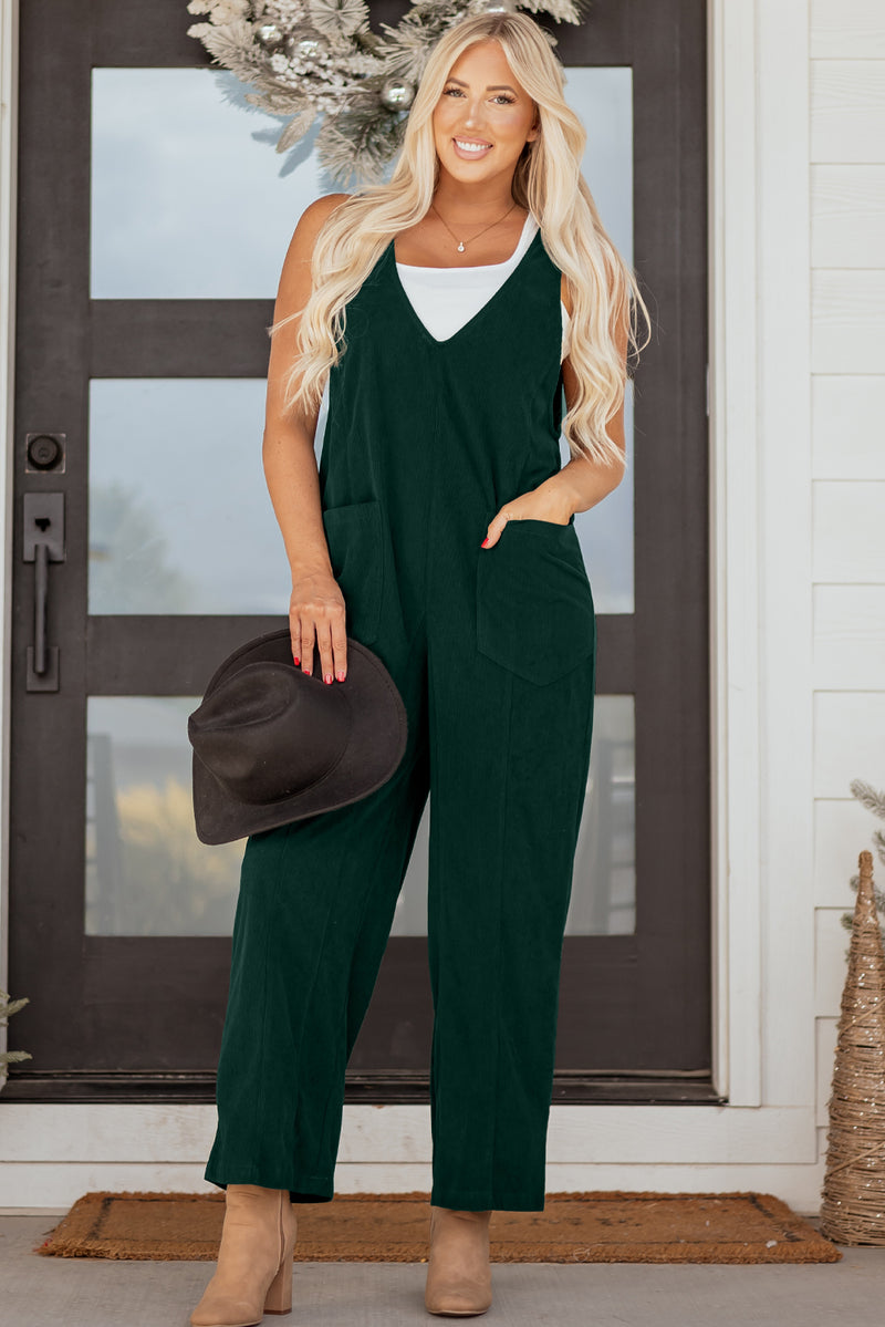 Corduroy V Neck Patched Pocket Sleeveless Jumpsuit