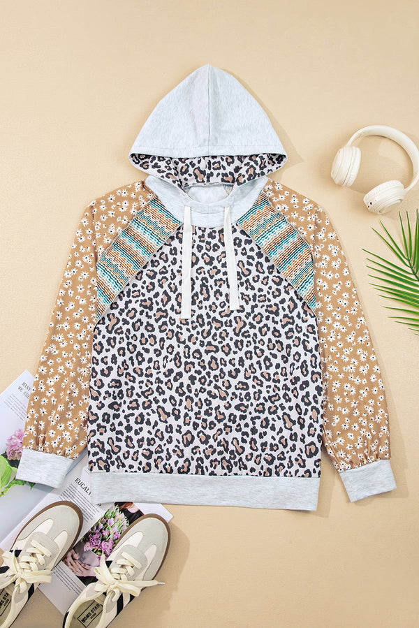 Leopard Floral Patchwork Drawstring Hoodie