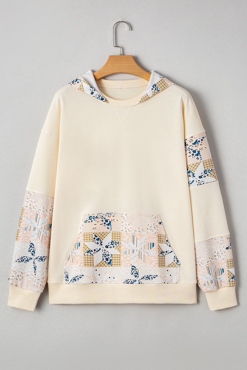 Western Geo Pattern Patchwork Hoodie with Kangaroo Pocket