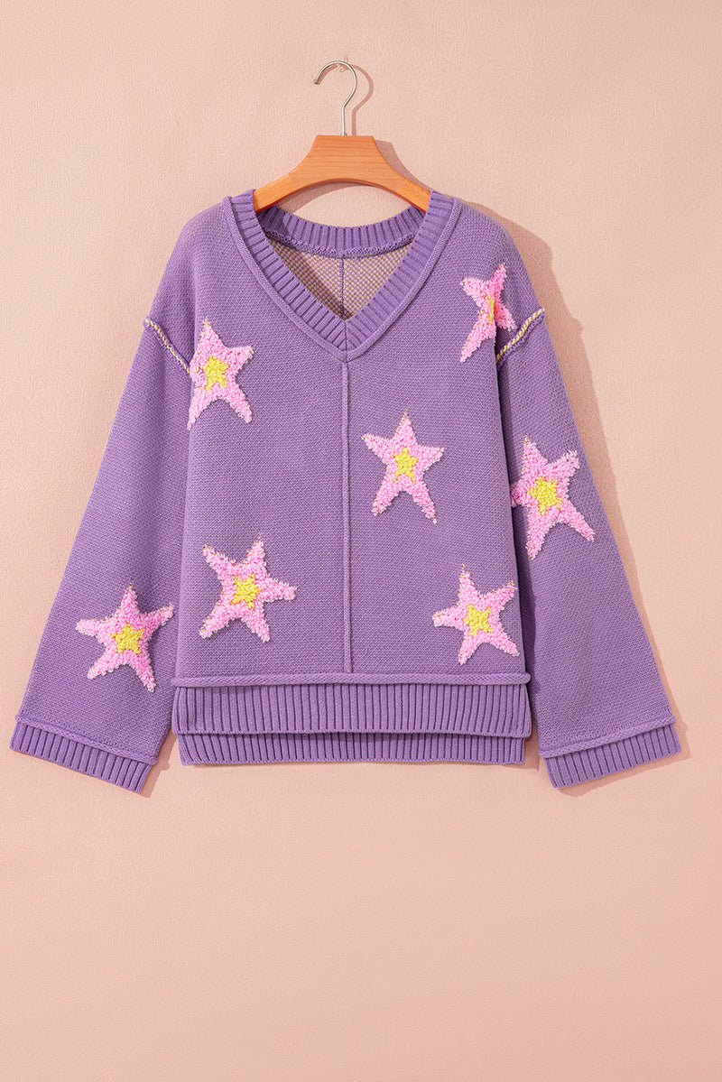 Brushed Star Graphic V Neck Drop Shoulder Oversize Sweater