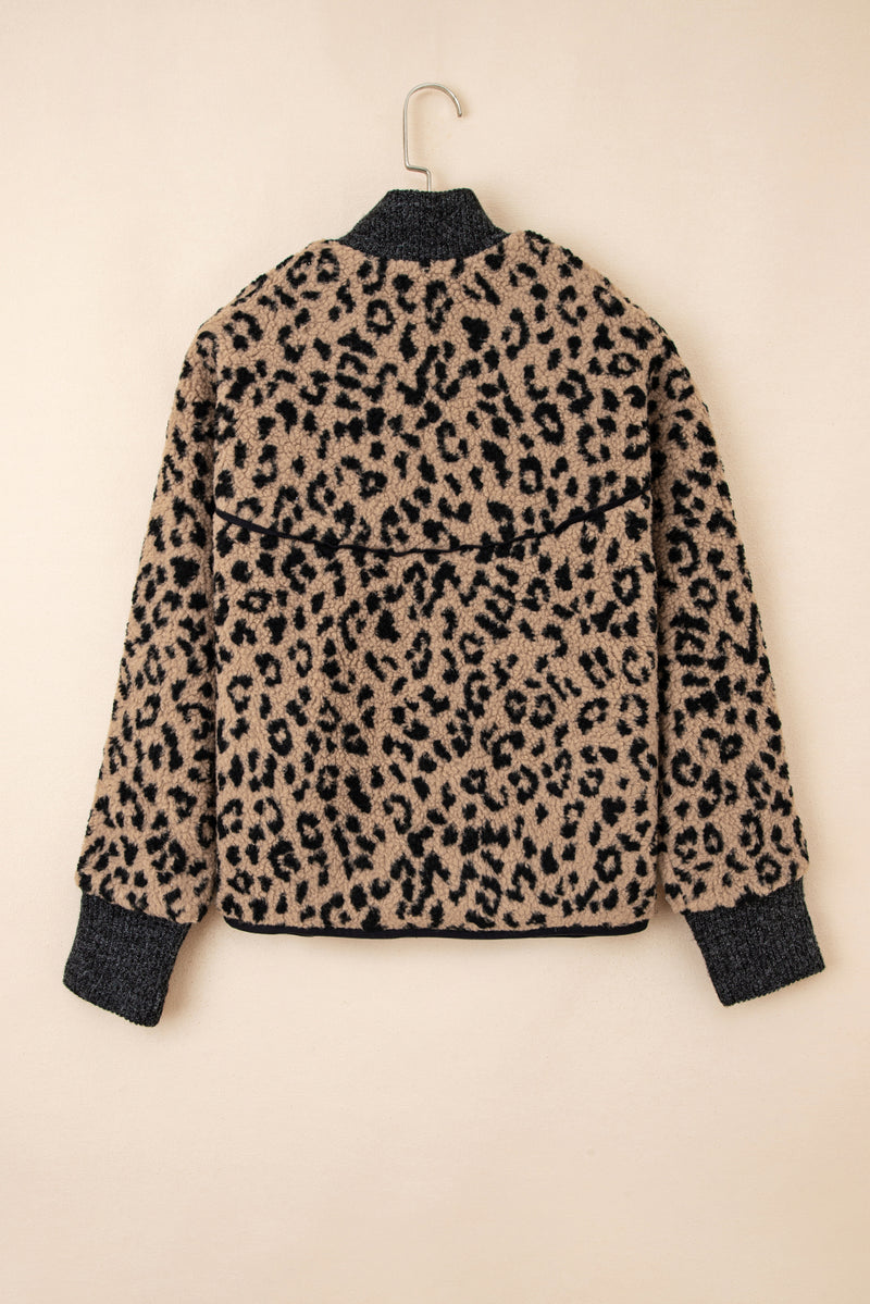 Leopard Print Zip Up Stand Neck Side Pocket Jacket