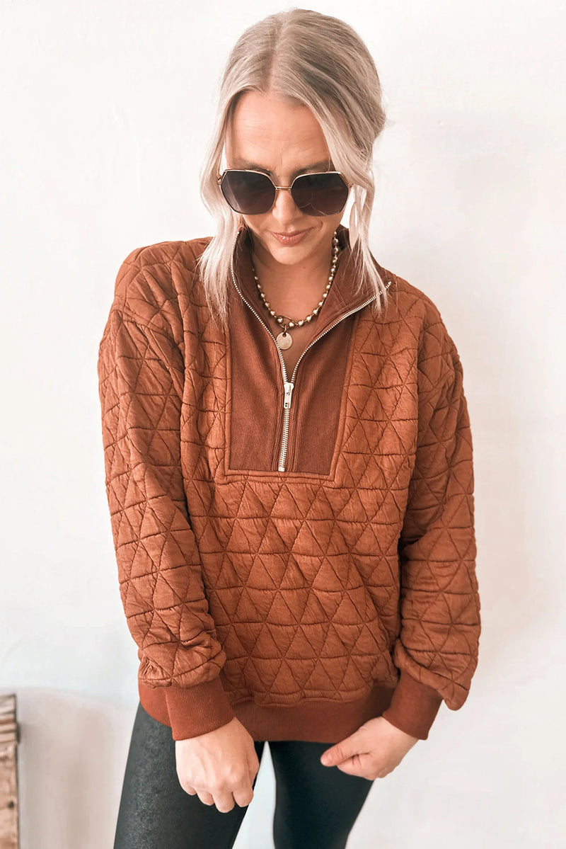 Geometric Quilted Half Zipped Loose Sweatshirt