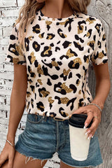 Leopard Print Round Neck Casual T Shirt