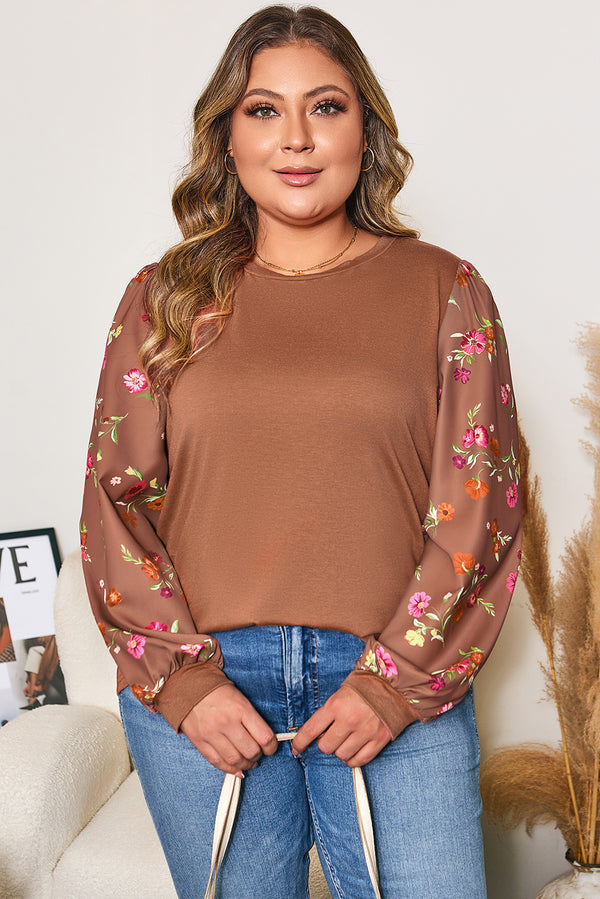 Floral Sleeve Patchwork Round Neck Plus Blouse