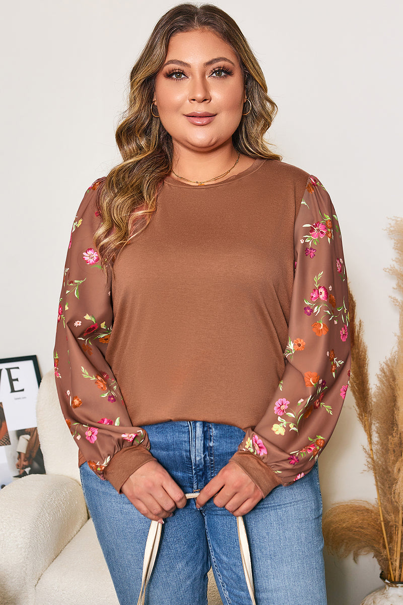 Floral Sleeve Patchwork Round Neck Plus Blouse