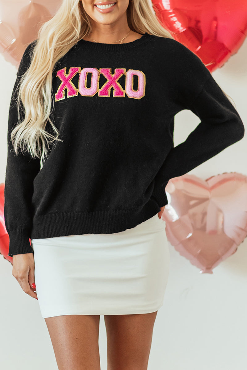 Solid XOXO Glitter Print Round Neck Casual Sweater