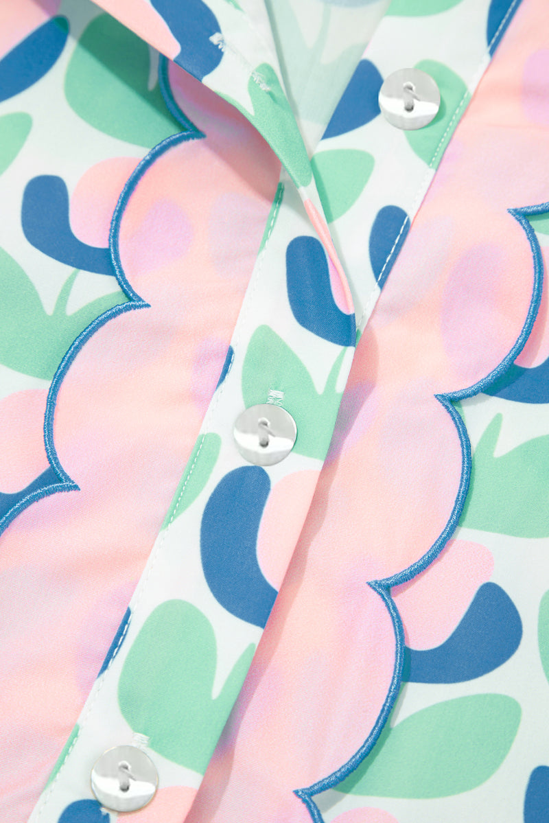 Floral Print Notched Neck Scalloped Detail Long Sleeve Mini Dress