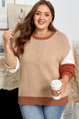 Contrast Stitch Detail Color Block Knitted Plus Size Sweater