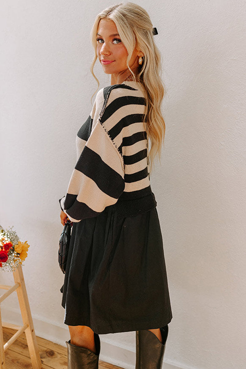 Stripe Two in One Knitted Top High Waist Splicing Hem Sweater Dress