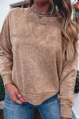 Beige saved by grace Letter Embroidery Mineral Wash Loose Sweatshirt