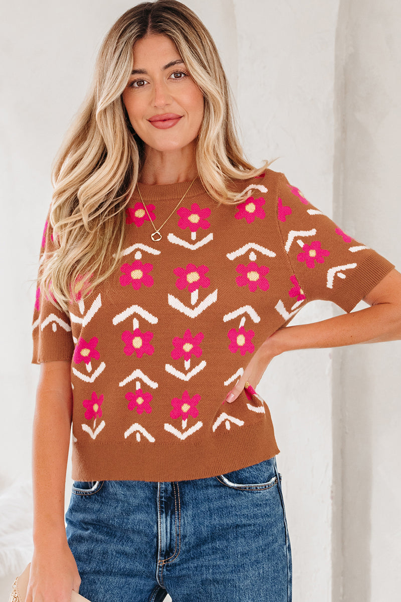 Floral Short Puff Sleeve Sweater