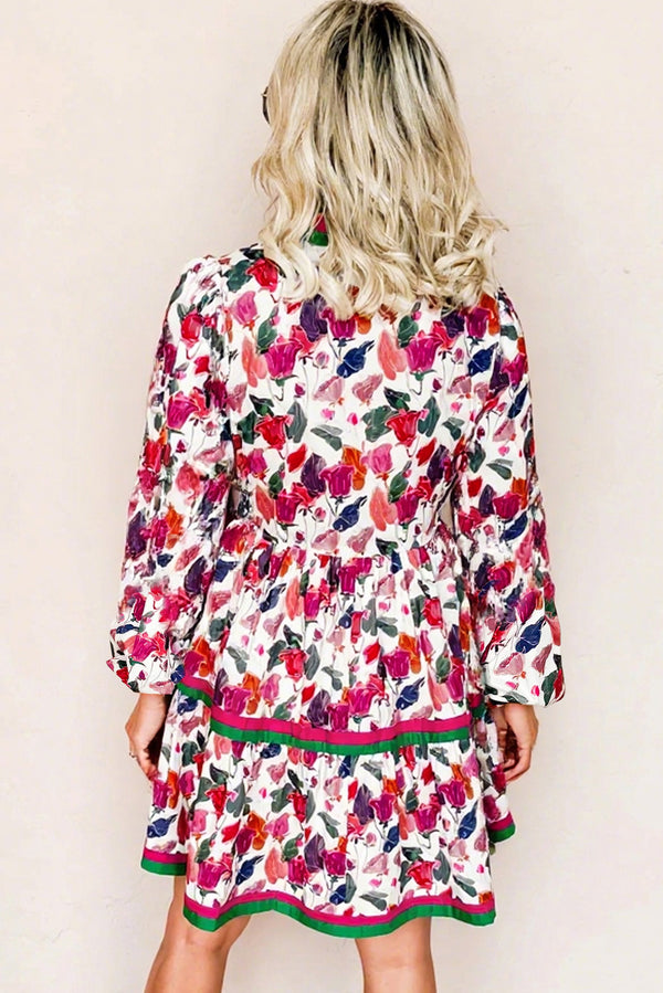 Floral Print Contrast Striped Detail Long Sleeve Mini Dress
