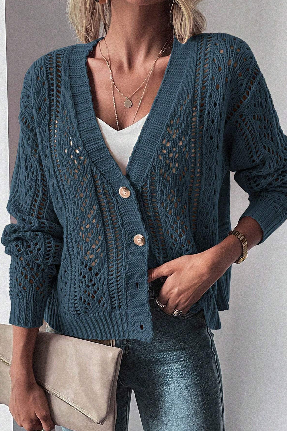 Solid Open Knit Drop Shoulder Sweater Cardigan