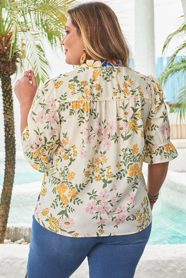 Plus Size Floral Print Woven V Neck Half Sleeve Blouse