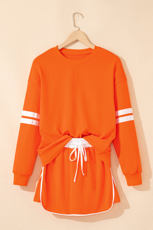 Varsity Stripe Detail Drop Shoulder Pullover Mini Skirt Set