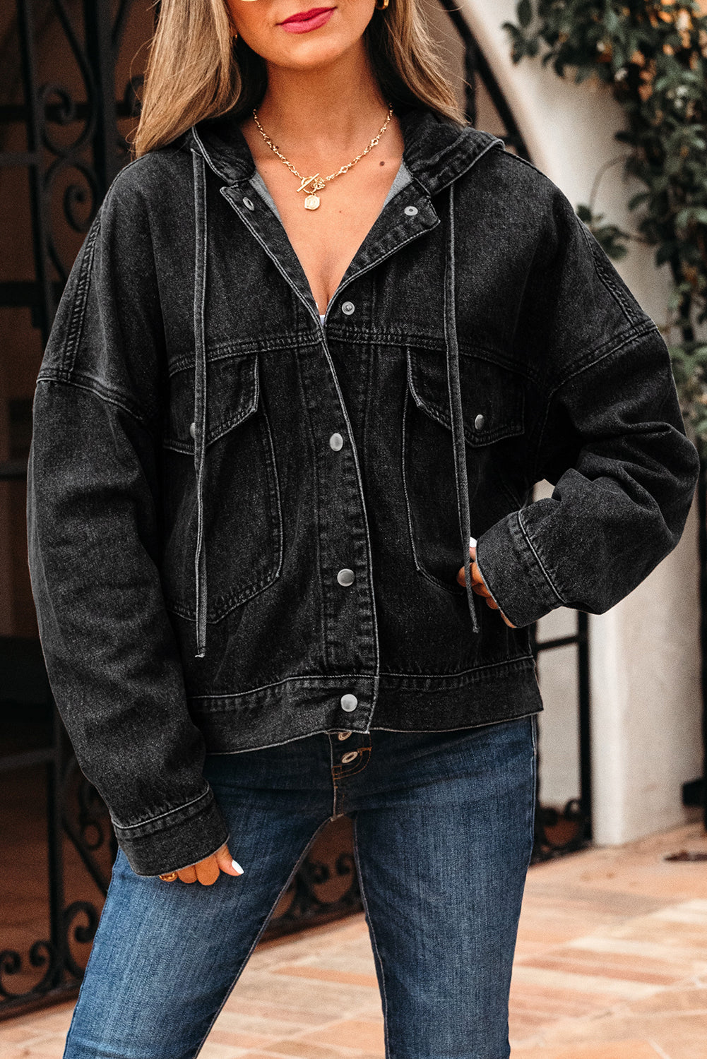 Big Chest Pocket Drop Shoulder Hooded Denim Jacket