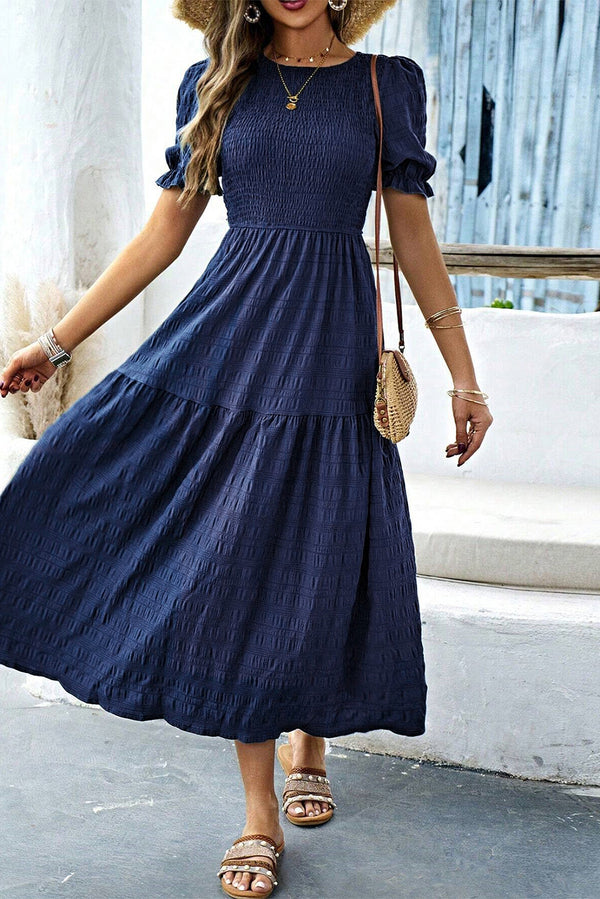 Solid Textured Smocked Puff Short Sleeve High Waist Long Dress